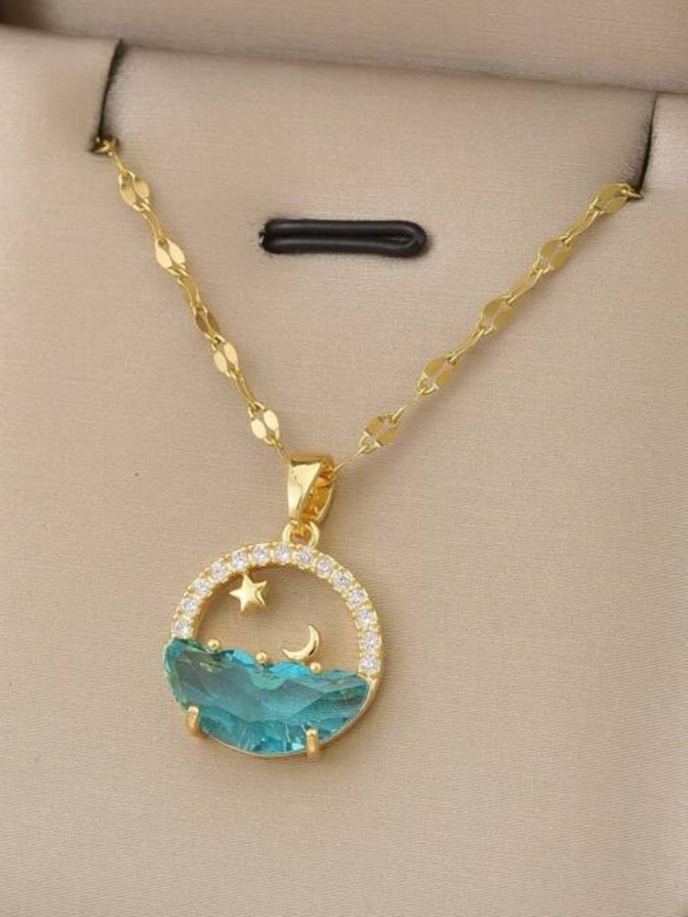Gold Plated Ocean Moonstone Pendant Necklace - Blue Green